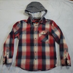 Le31 Simons Sz M  Red and Gray Plaid W/ Removable  Hoodie Button Down Shirt